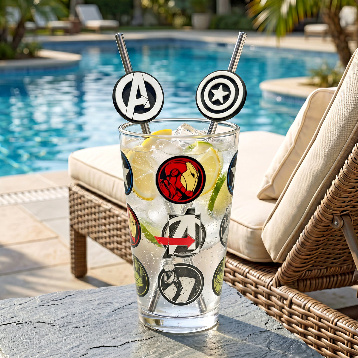 Marvel Avengers 480ml Glass and Twin Straw Set, 16.9oz Drinking Glass with 2 Reusable Metal Straws, Officially Licensed 3-Piece Kids Set