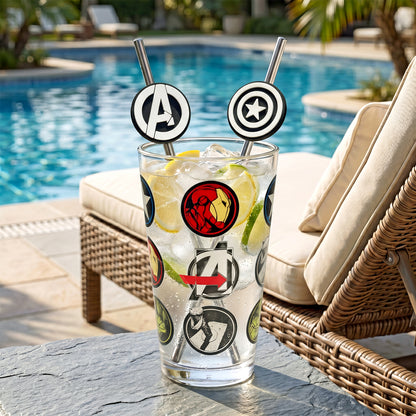 Marvel Avengers 480ml Glass and Twin Straw Set, 16.9oz Drinking Glass with 2 Reusable Metal Straws, Officially Licensed 3-Piece Kids Set
