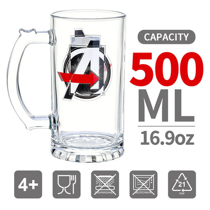 Marvel Avengers 500ml Glass Beer Mug, 16.9oz Tankard Stein with Handle, Officially Licensed Glassware