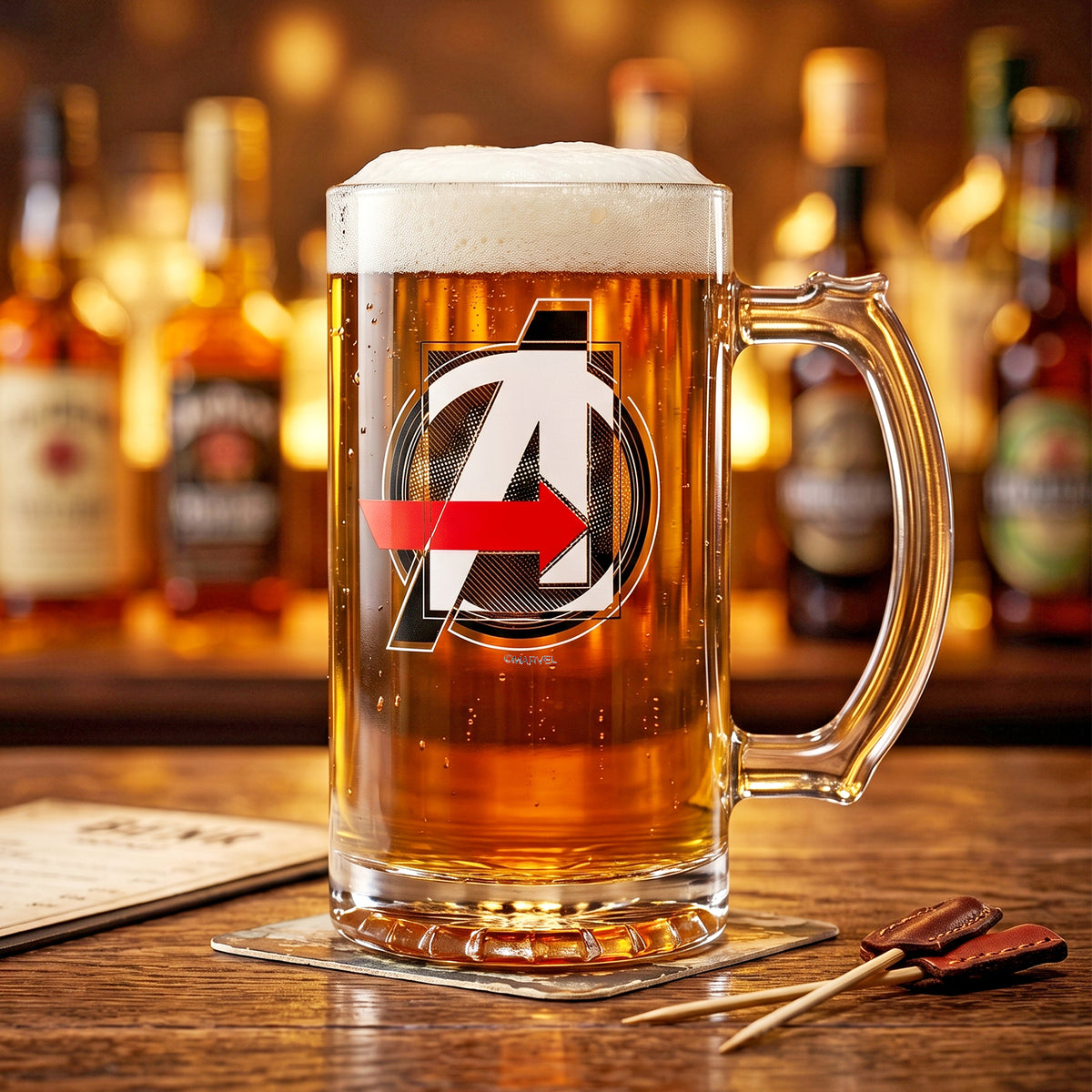 Marvel Avengers 500ml Glass Beer Mug, 16.9oz Tankard Stein with Handle, Officially Licensed Glassware