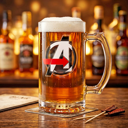 Marvel Avengers 500ml Glass Beer Mug, 16.9oz Tankard Stein with Handle, Officially Licensed Glassware