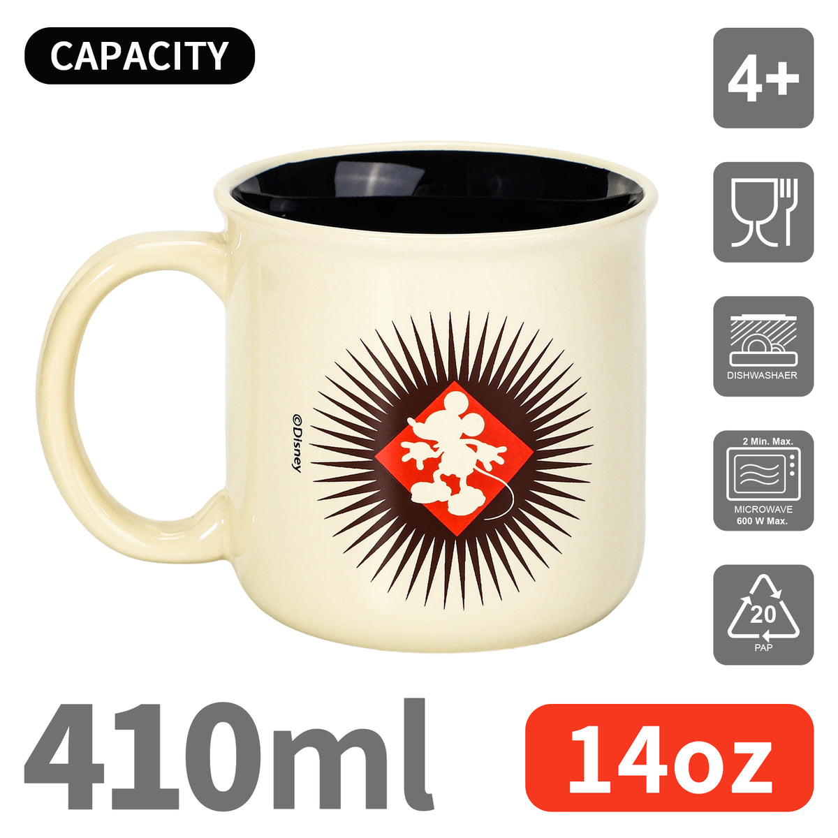 Disney Mickey Mouse 14oz Ceramic Mug Retro Vintage Sunburst Design 410ml Coffee Cup, Dishwasher & Microwave Safe, Officially Licensed Gift for Kids & Adults