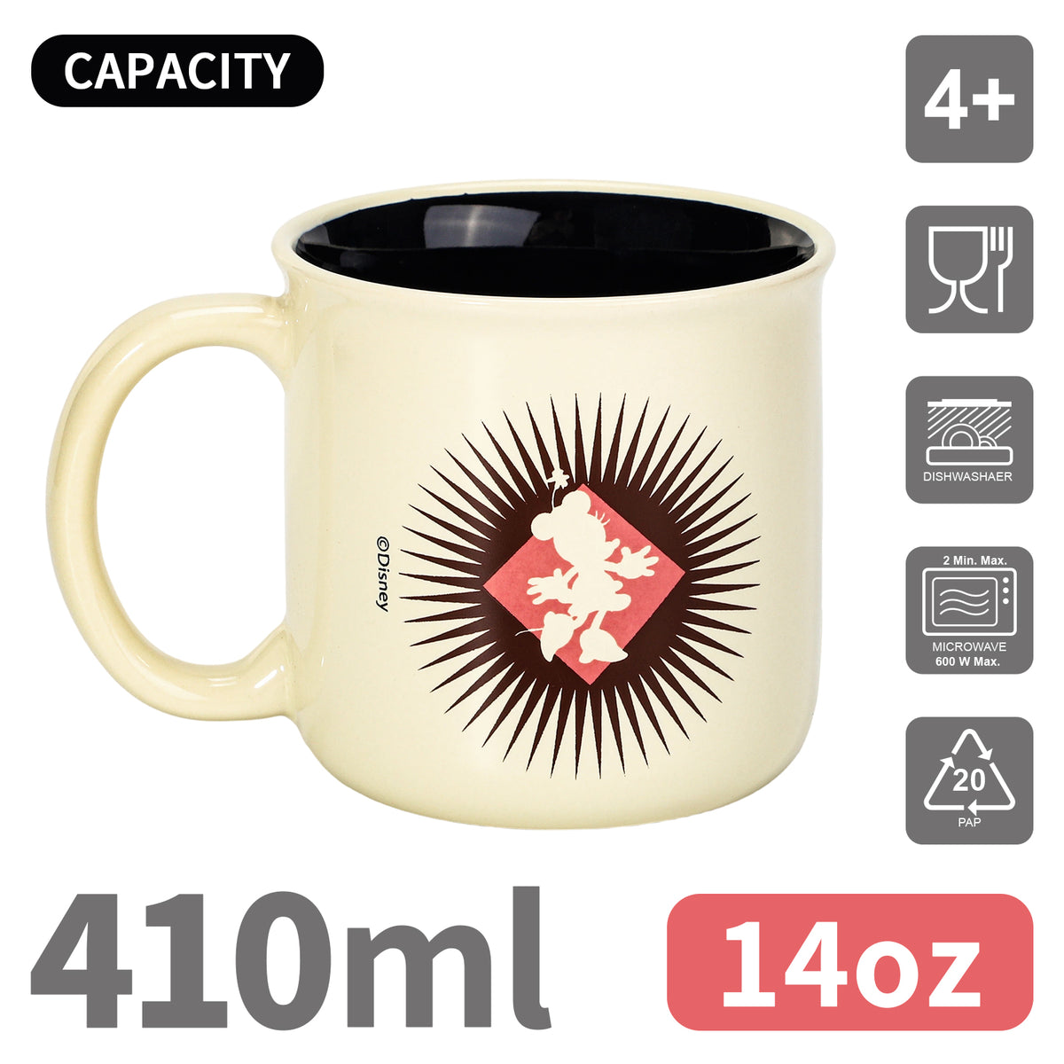Disney Minnie Mouse 14oz Ceramic Mug Retro Vintage Sunburst Design 410ml Coffee Cup, Dishwasher & Microwave Safe, Officially Licensed Gift for Kids & Adults