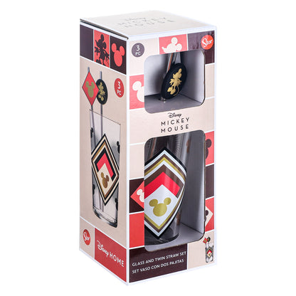 Disney Mickey Mouse 480ml Glass and Twin Straw Set, 16.9oz Retro Geometric Drinking Glass with 2 Reusable Metal Straws, Officially Licensed 3-Piece Kids Set