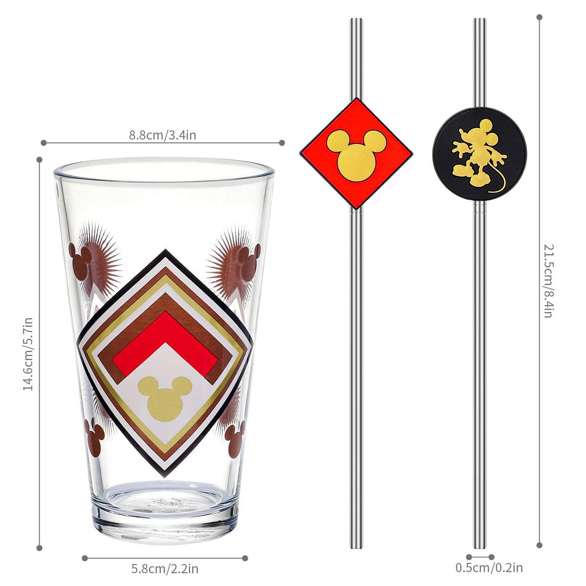 Disney Mickey Mouse 480ml Glass and Twin Straw Set, 16.9oz Retro Geometric Drinking Glass with 2 Reusable Metal Straws, Officially Licensed 3-Piece Kids Set