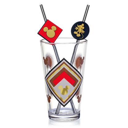 Disney Mickey Mouse 480ml Glass and Twin Straw Set, 16.9oz Retro Geometric Drinking Glass with 2 Reusable Metal Straws, Officially Licensed 3-Piece Kids Set
