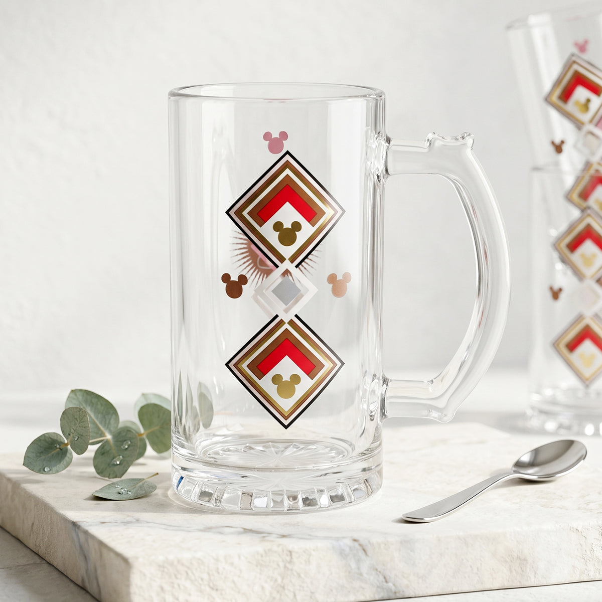 Disney Mickey Mouse 500ml Glass Beer Mug, 16.9oz Retro Geometric Tankard Stein with Handle, Officially Licensed Glassware