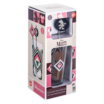 Disney Minnie Mouse 480ml Glass and Twin Straw Set, 16.9oz Retro Geometric Drinking Glass with 2 Reusable Metal Straws, Officially Licensed 3-Piece Kids Set