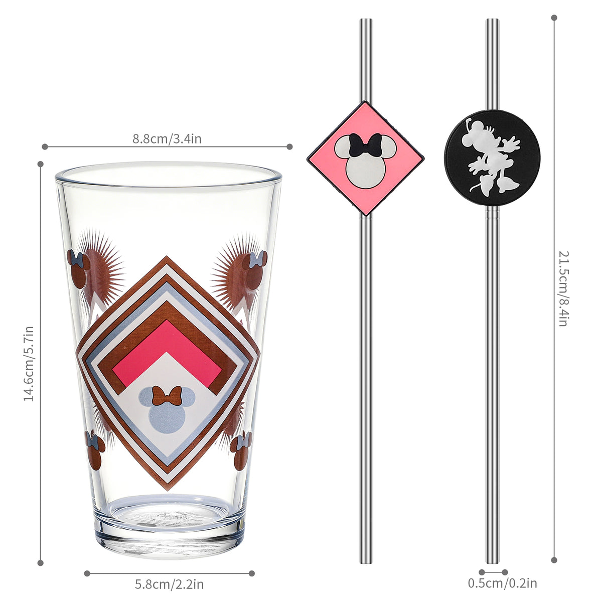 Disney Minnie Mouse 480ml Glass and Twin Straw Set, 16.9oz Retro Geometric Drinking Glass with 2 Reusable Metal Straws, Officially Licensed 3-Piece Kids Set