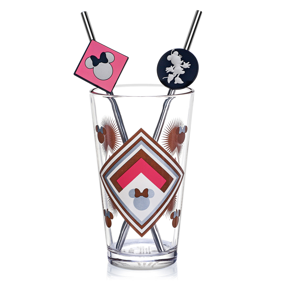 Disney Minnie Mouse 480ml Glass and Twin Straw Set, 16.9oz Retro Geometric Drinking Glass with 2 Reusable Metal Straws, Officially Licensed 3-Piece Kids Set