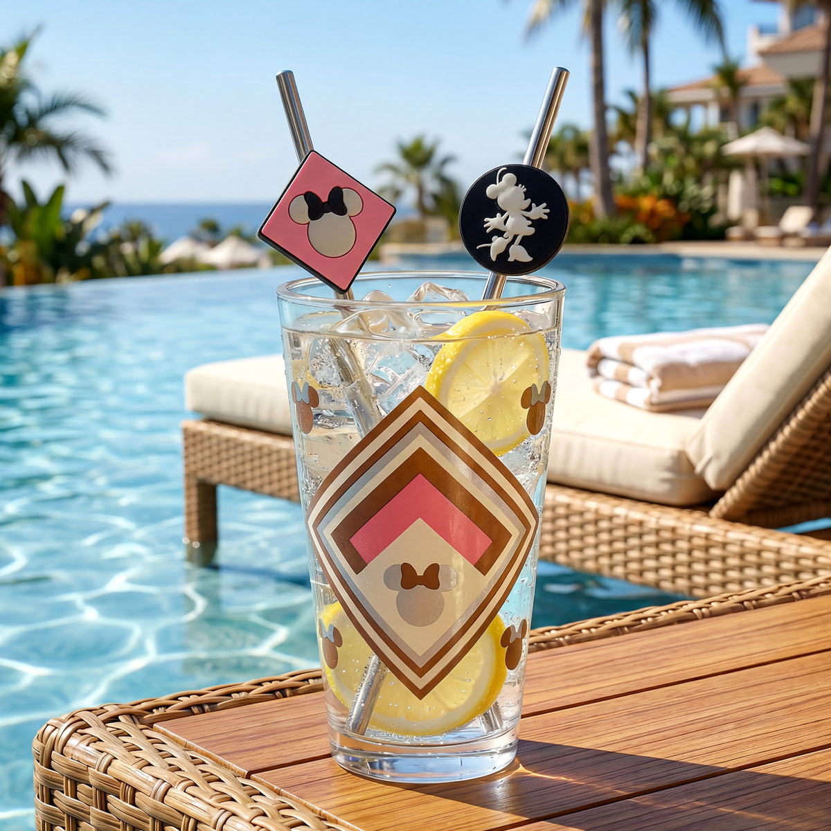 Disney Minnie Mouse 480ml Glass and Twin Straw Set, 16.9oz Retro Geometric Drinking Glass with 2 Reusable Metal Straws, Officially Licensed 3-Piece Kids Set