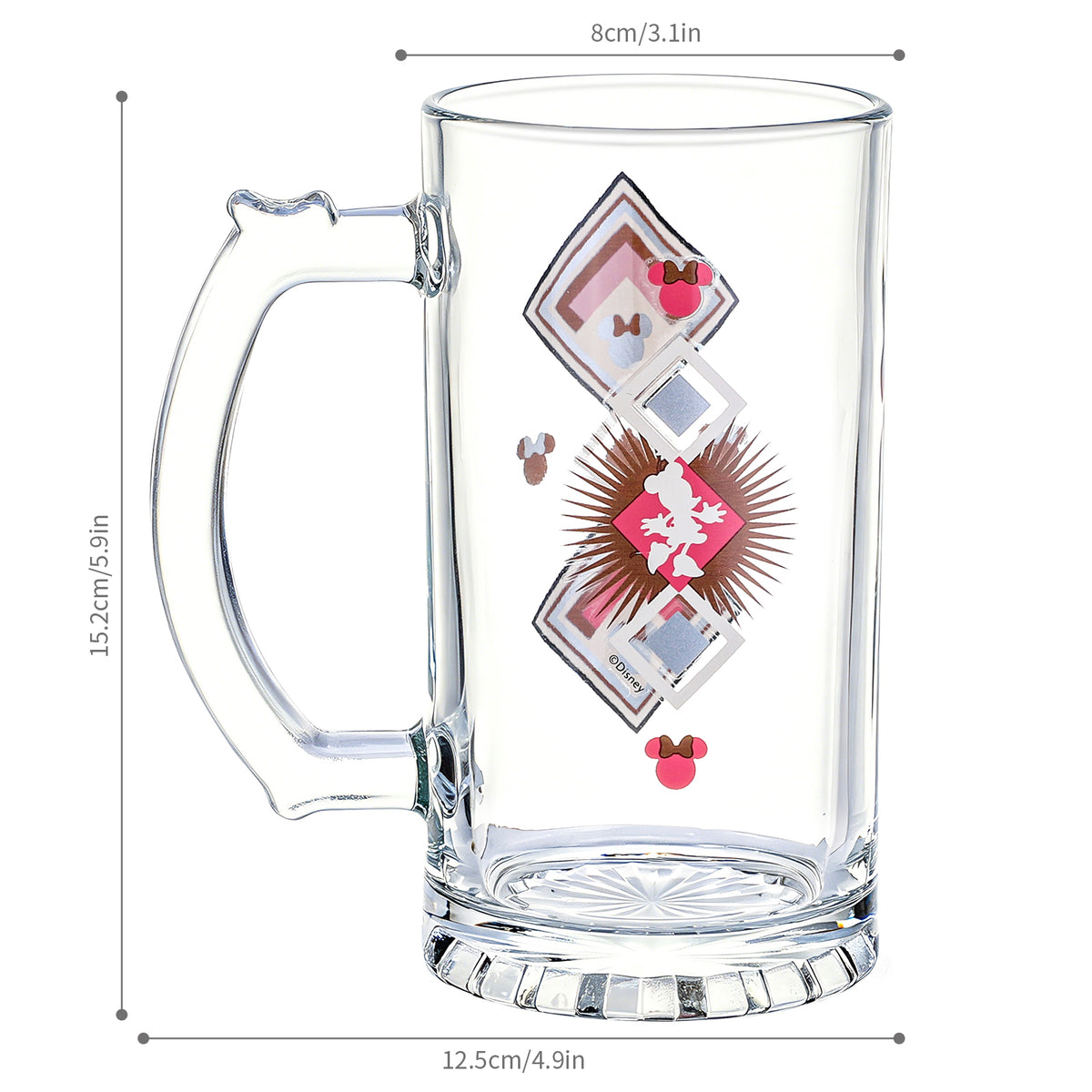 Disney Minnie Mouse 500ml Glass Beer Mug, 16.9oz Retro Geometric Tankard Stein with Handle, Officially Licensed Glassware
