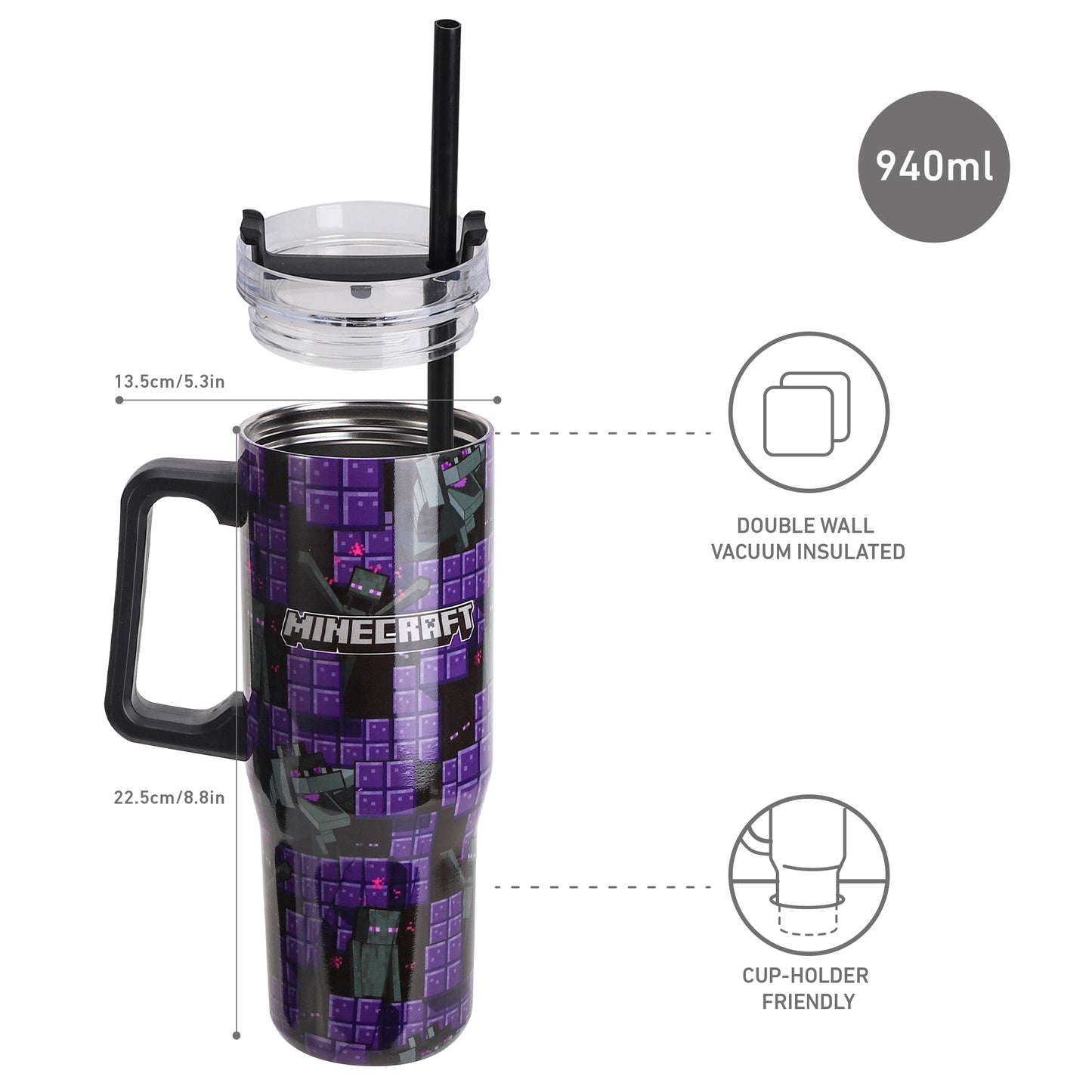 Minecraft 940mL/33oz Double Walled Vacuum Insulated Stainless Steel Tumbler Cup with Handle and Straw