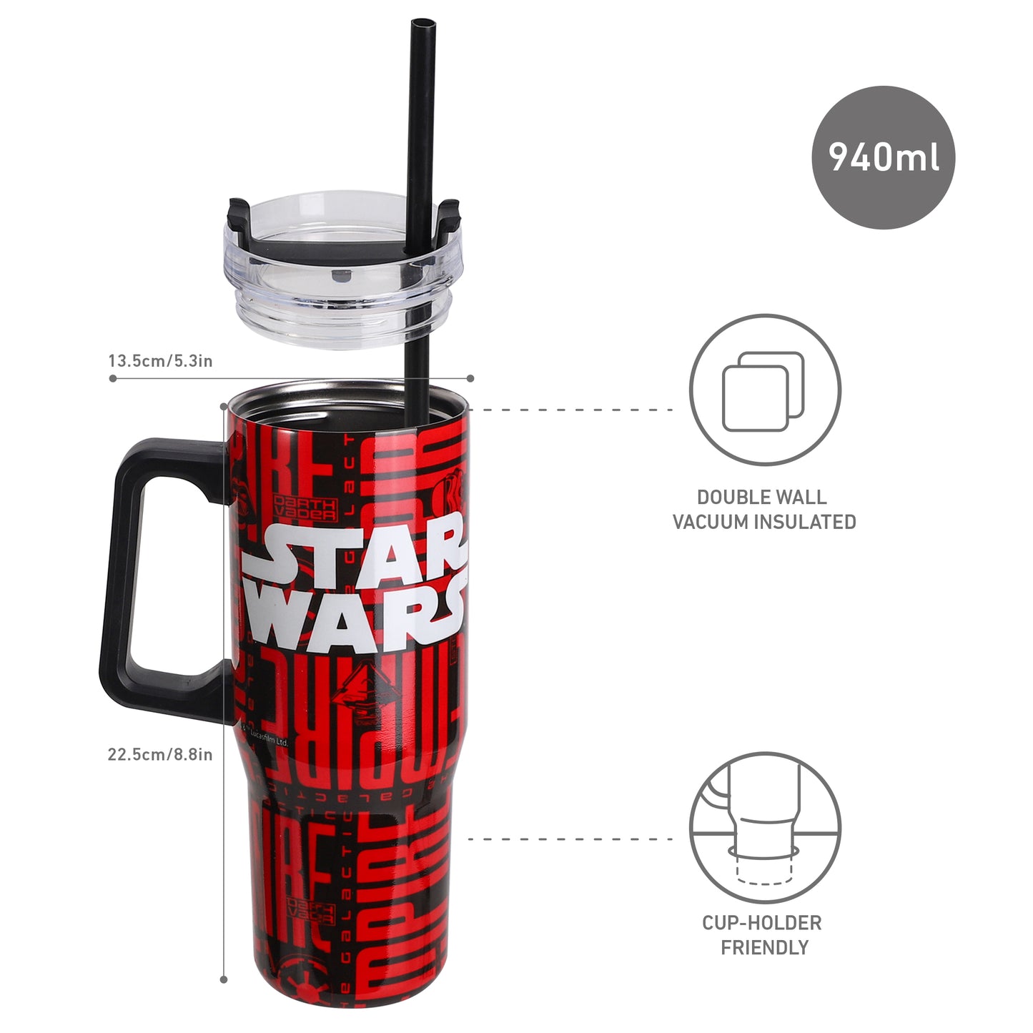 Star Wars 940mL/33oz Double Walled Vacuum Insulated Stainless Steel Tumbler Cup with Handle and Straw