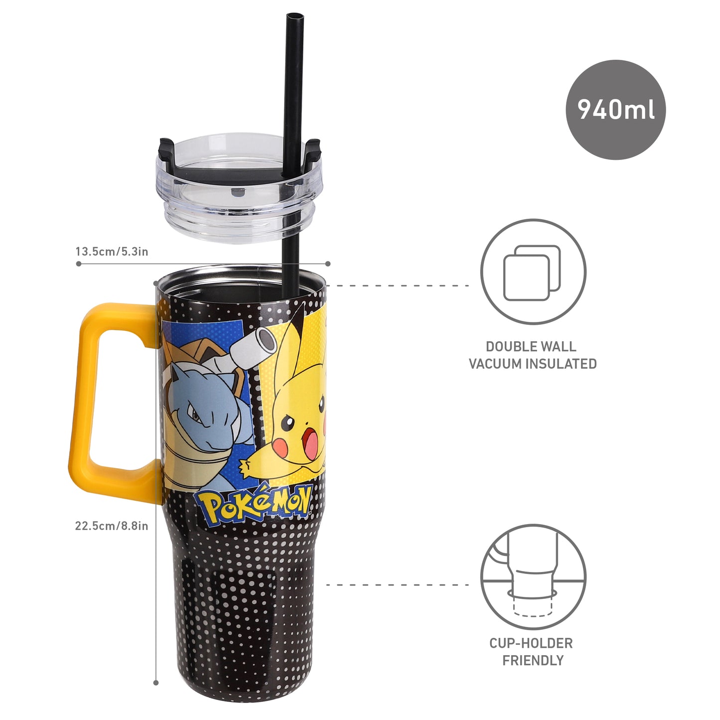 Pokémon 940mL/33oz Double Walled Vacuum Insulated Stainless Steel Tumbler Cup with Handle and Straw
