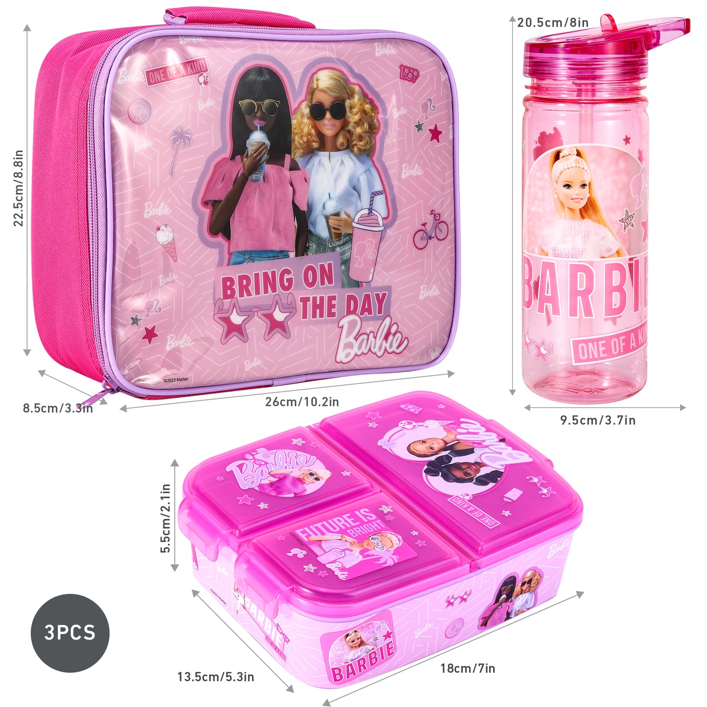 Barbie Kids Lunch Box Set – Insulated Lunch Bag, Multicompartment Lunch Box & 580ml Water Bottle, BPA Free