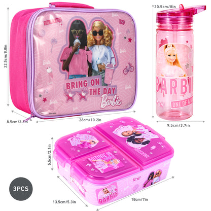 Barbie Kids Lunch Box Set – Insulated Lunch Bag, Multicompartment Lunch Box & 580ml Water Bottle, BPA Free