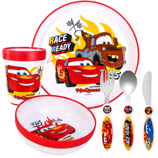 Cars Kids 6 Piece Reusable Dinner Set - Plate/Bowl/Cup/Knife/Fork/Spoon - Childrens Dinnerware Tableware Cutlery Set