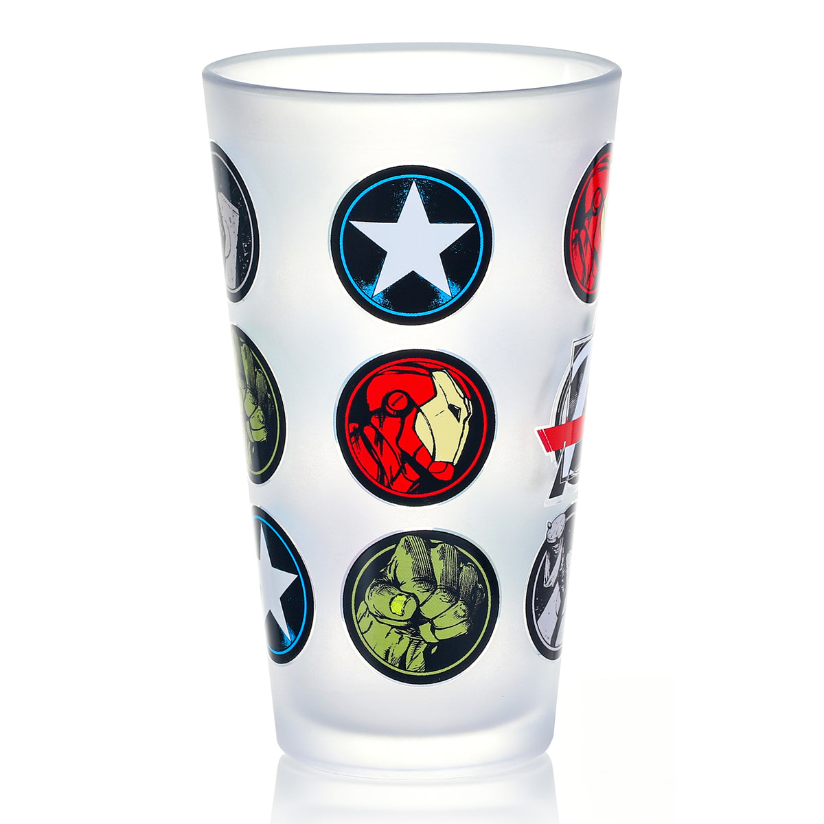 Marvel Avengers 480ml Frosted Glass Tumbler, 16.9oz Drinking Glass Cup with Iron Man, Hulk & Captain America Icons, Officially Licensed Kids Adults Glassware, Thick Base