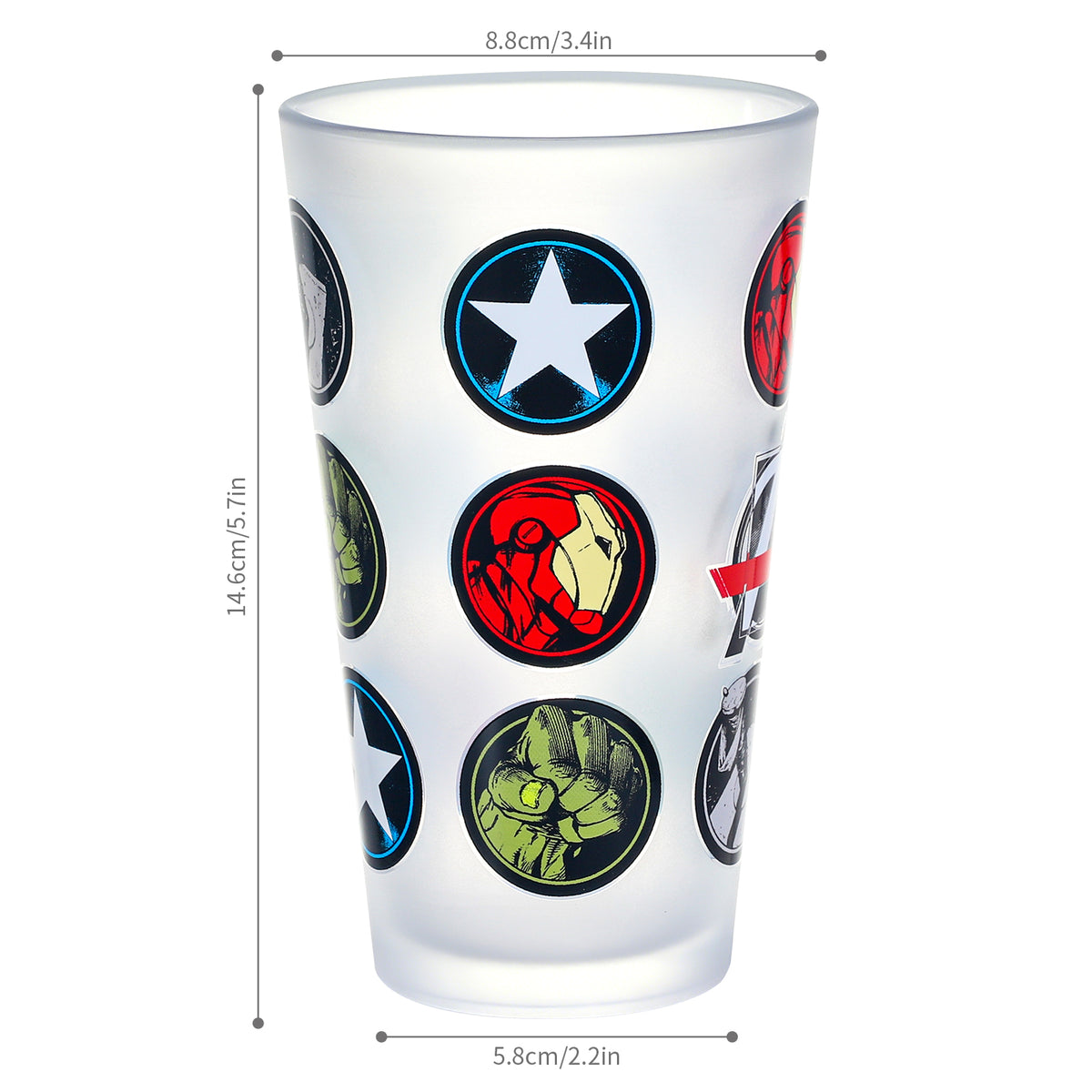 Marvel Avengers 480ml Frosted Glass Tumbler, 16.9oz Drinking Glass Cup with Iron Man, Hulk & Captain America Icons, Officially Licensed Kids Adults Glassware, Thick Base