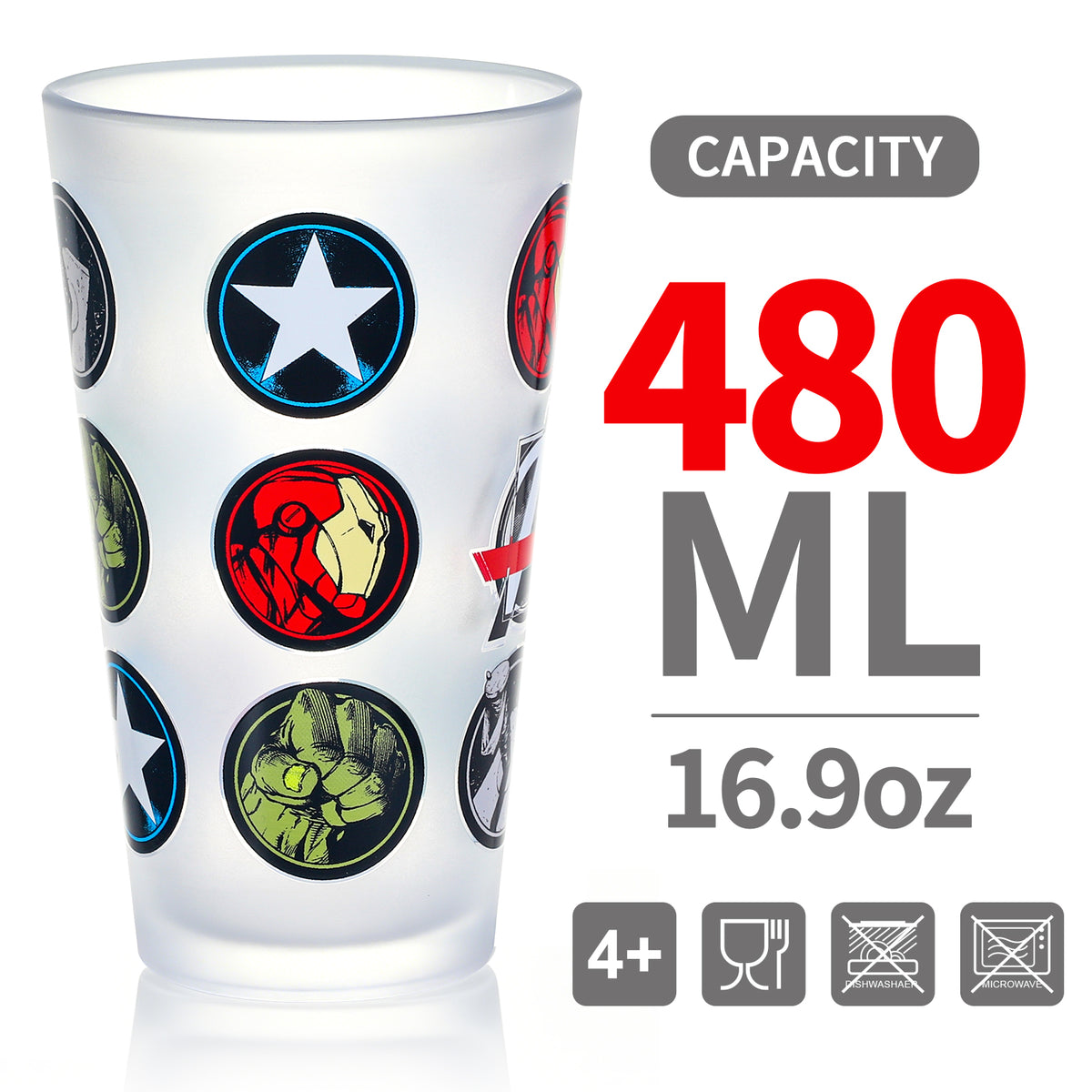 Marvel Avengers 480ml Frosted Glass Tumbler, 16.9oz Drinking Glass Cup with Iron Man, Hulk & Captain America Icons, Officially Licensed Kids Adults Glassware, Thick Base