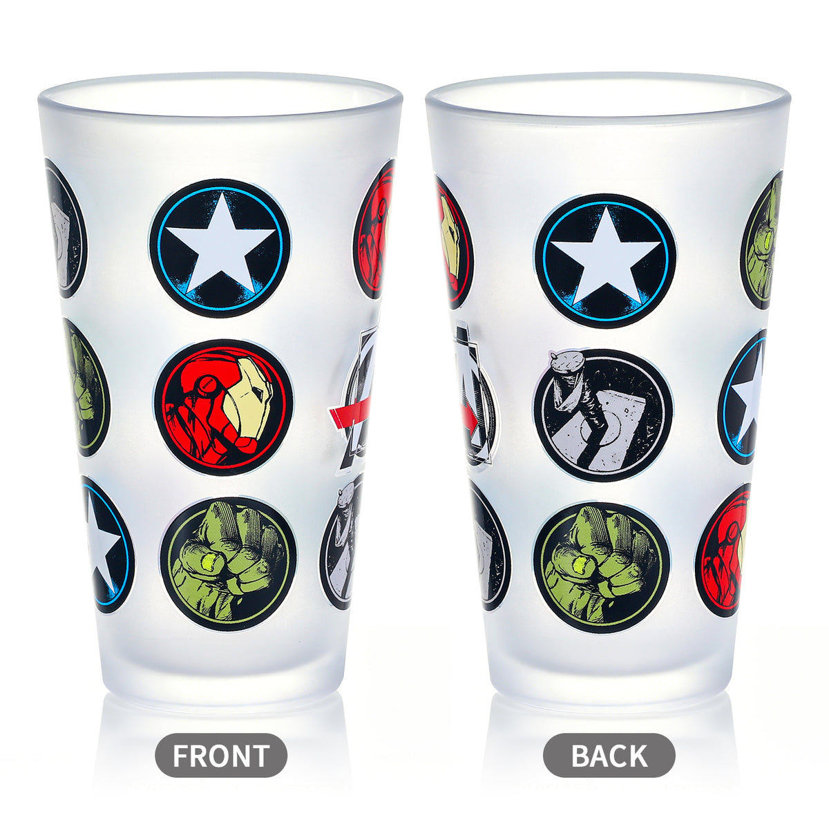 Marvel Avengers 480ml Frosted Glass Tumbler, 16.9oz Drinking Glass Cup with Iron Man, Hulk & Captain America Icons, Officially Licensed Kids Adults Glassware, Thick Base