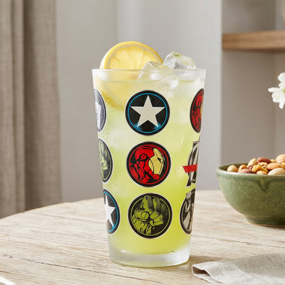 Marvel Avengers 480ml Frosted Glass Tumbler, 16.9oz Drinking Glass Cup with Iron Man, Hulk & Captain America Icons, Officially Licensed Kids Adults Glassware, Thick Base
