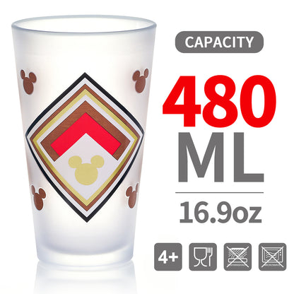 Disney Mickey Mouse 480ml Frosted Glass Tumbler, 16.9oz Retro Geometric Drinking Glass Cup, Officially Licensed Kids Glassware, Thick Base
