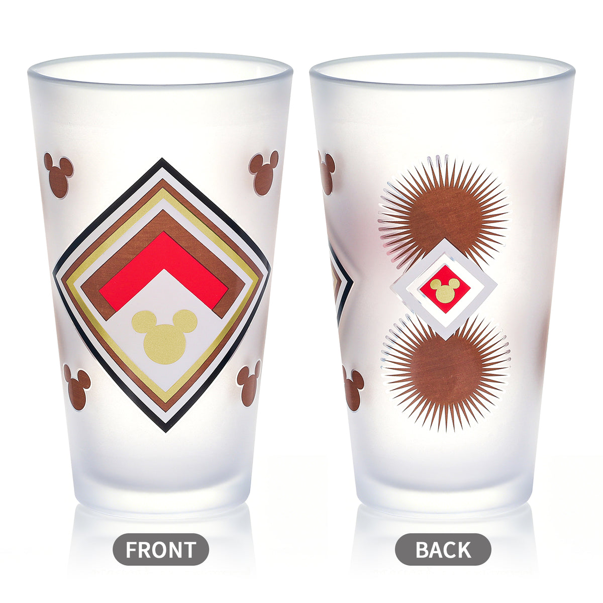 Disney Mickey Mouse 480ml Frosted Glass Tumbler, 16.9oz Retro Geometric Drinking Glass Cup, Officially Licensed Kids Glassware, Thick Base