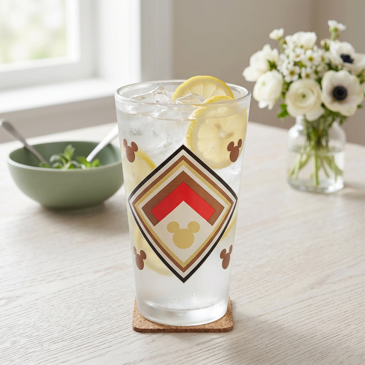 Disney Mickey Mouse 480ml Frosted Glass Tumbler, 16.9oz Retro Geometric Drinking Glass Cup, Officially Licensed Kids Glassware, Thick Base