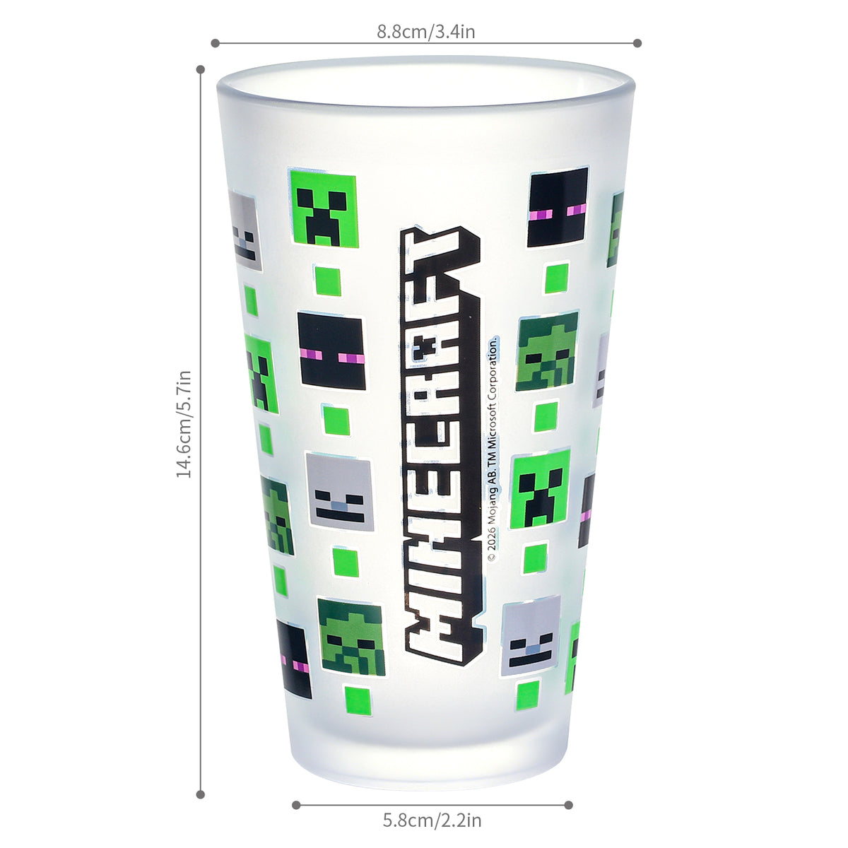 Minecraft 480ml Frosted Glass Tumbler, 16.9oz Drinking Glass Cup with Creeper, Enderman & Skeleton Mobs, Officially Licensed Kids Glassware, Thick Base