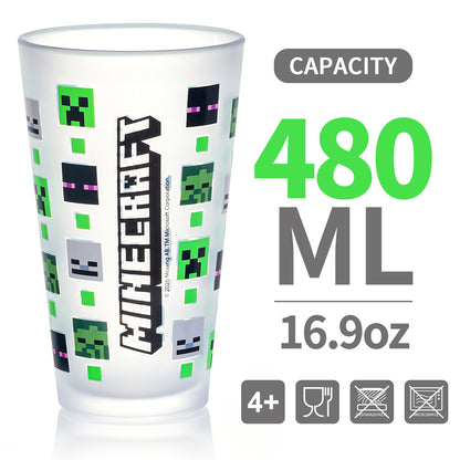 Minecraft 480ml Frosted Glass Tumbler, 16.9oz Drinking Glass Cup with Creeper, Enderman & Skeleton Mobs, Officially Licensed Kids Glassware, Thick Base