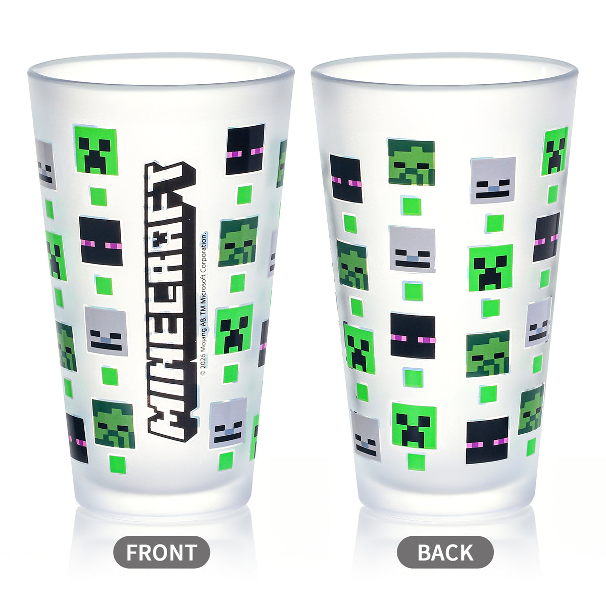 Minecraft 480ml Frosted Glass Tumbler, 16.9oz Drinking Glass Cup with Creeper, Enderman & Skeleton Mobs, Officially Licensed Kids Glassware, Thick Base
