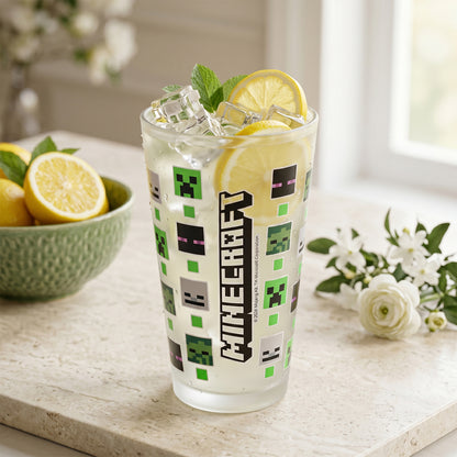 Minecraft 480ml Frosted Glass Tumbler, 16.9oz Drinking Glass Cup with Creeper, Enderman & Skeleton Mobs, Officially Licensed Kids Glassware, Thick Base