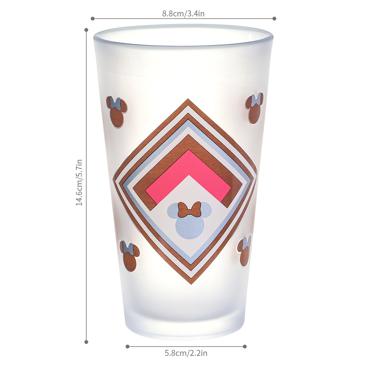 Disney Minnie Mouse 480ml Frosted Glass Tumbler, 16.9oz Retro Geometric Drinking Glass Cup, Officially Licensed Kids Glassware, Thick Base