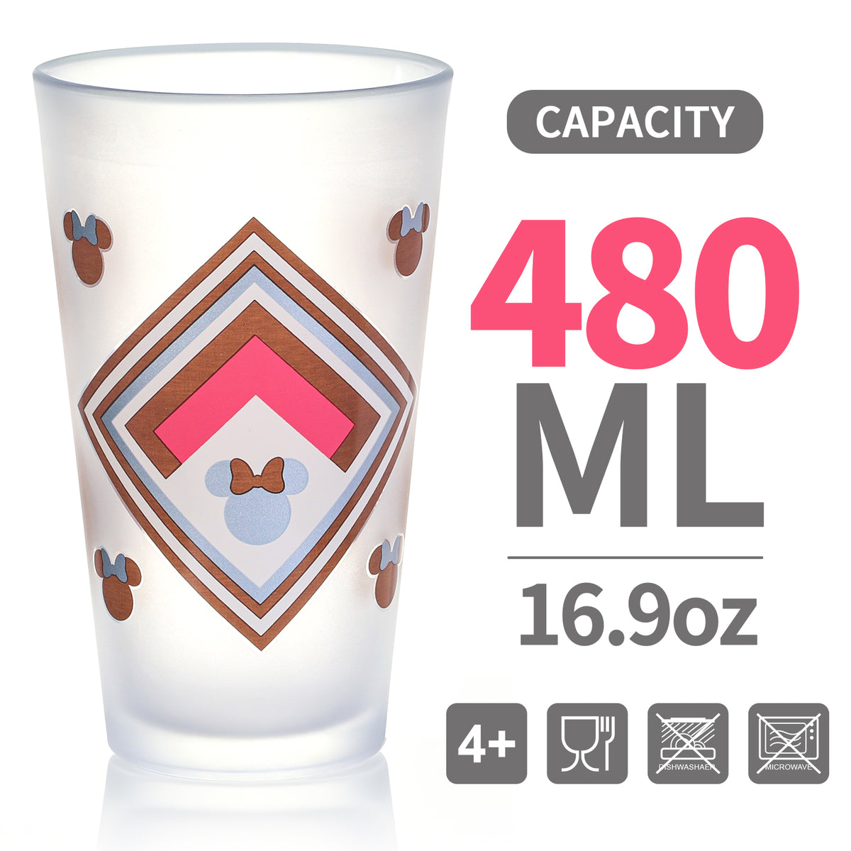 Disney Minnie Mouse 480ml Frosted Glass Tumbler, 16.9oz Retro Geometric Drinking Glass Cup, Officially Licensed Kids Glassware, Thick Base