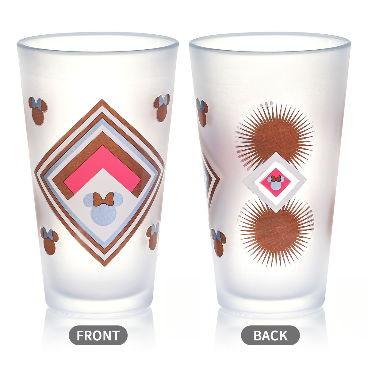 Disney Minnie Mouse 480ml Frosted Glass Tumbler, 16.9oz Retro Geometric Drinking Glass Cup, Officially Licensed Kids Glassware, Thick Base