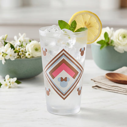 Disney Minnie Mouse 480ml Frosted Glass Tumbler, 16.9oz Retro Geometric Drinking Glass Cup, Officially Licensed Kids Glassware, Thick Base