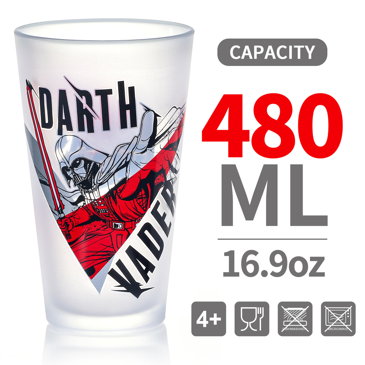 Star Wars 480ml Darth Vader Frosted Glass Tumbler, 16.9oz Drinking Glass Cup with Stormtrooper Design, Officially Licensed Kids Glassware, Thick Base
