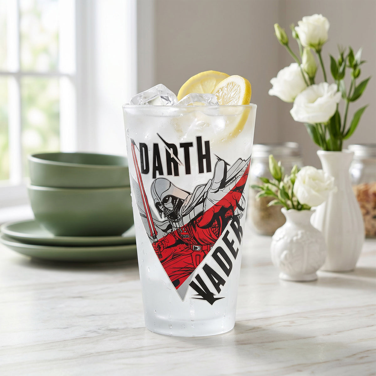 Star Wars 480ml Darth Vader Frosted Glass Tumbler, 16.9oz Drinking Glass Cup with Stormtrooper Design, Officially Licensed Kids Glassware, Thick Base