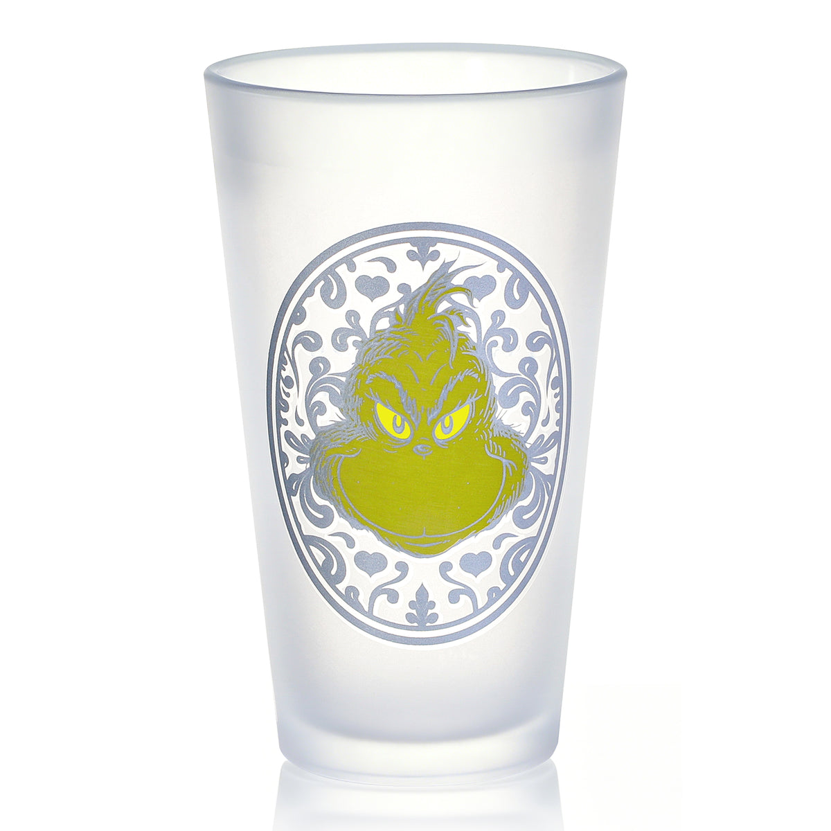 The Grinch 480ml Frosted Glass Tumbler, 16.9oz Mister Grinch Drinking Glass Cup, Officially Licensed Christmas Glassware, Thick Base