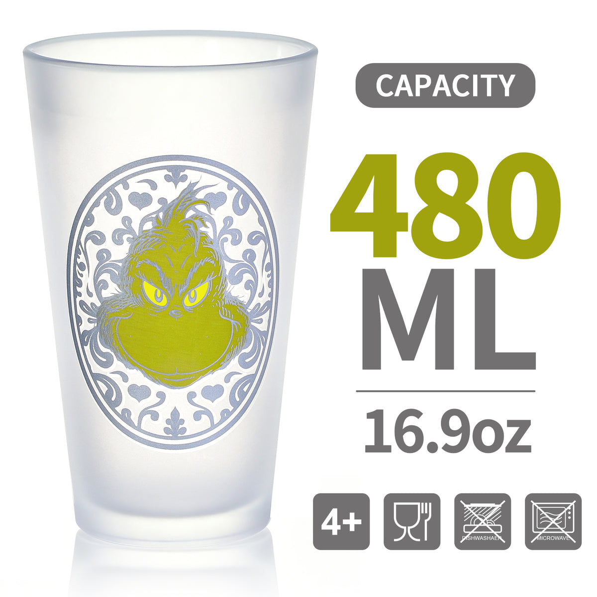 The Grinch 480ml Frosted Glass Tumbler, 16.9oz Mister Grinch Drinking Glass Cup, Officially Licensed Christmas Glassware, Thick Base