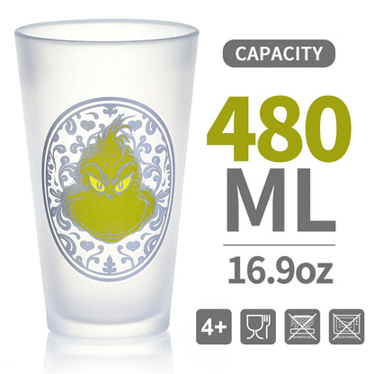 The Grinch 480ml Frosted Glass Tumbler, 16.9oz Mister Grinch Drinking Glass Cup, Officially Licensed Christmas Glassware, Thick Base