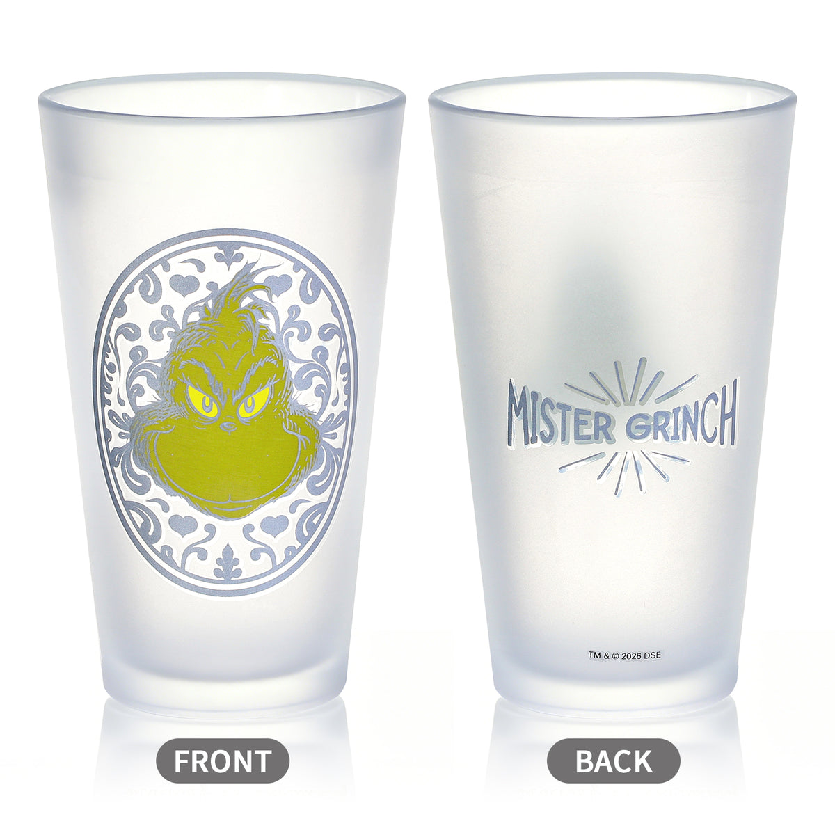 The Grinch 480ml Frosted Glass Tumbler, 16.9oz Mister Grinch Drinking Glass Cup, Officially Licensed Christmas Glassware, Thick Base