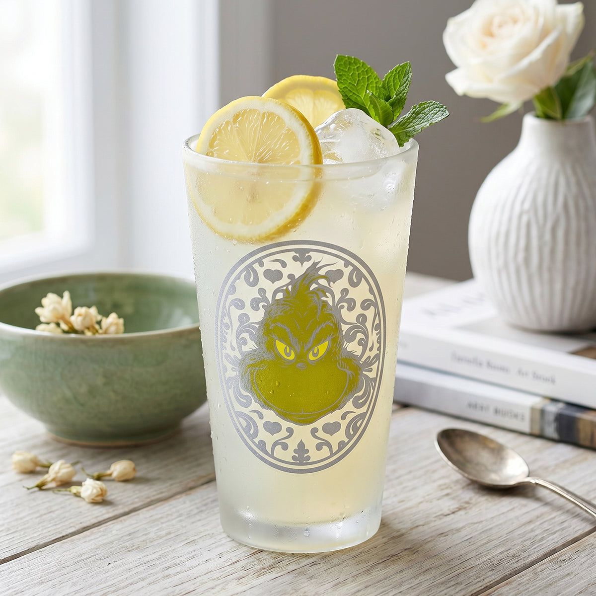 The Grinch 480ml Frosted Glass Tumbler, 16.9oz Mister Grinch Drinking Glass Cup, Officially Licensed Christmas Glassware, Thick Base