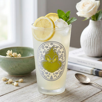 The Grinch 480ml Frosted Glass Tumbler, 16.9oz Mister Grinch Drinking Glass Cup, Officially Licensed Christmas Glassware, Thick Base