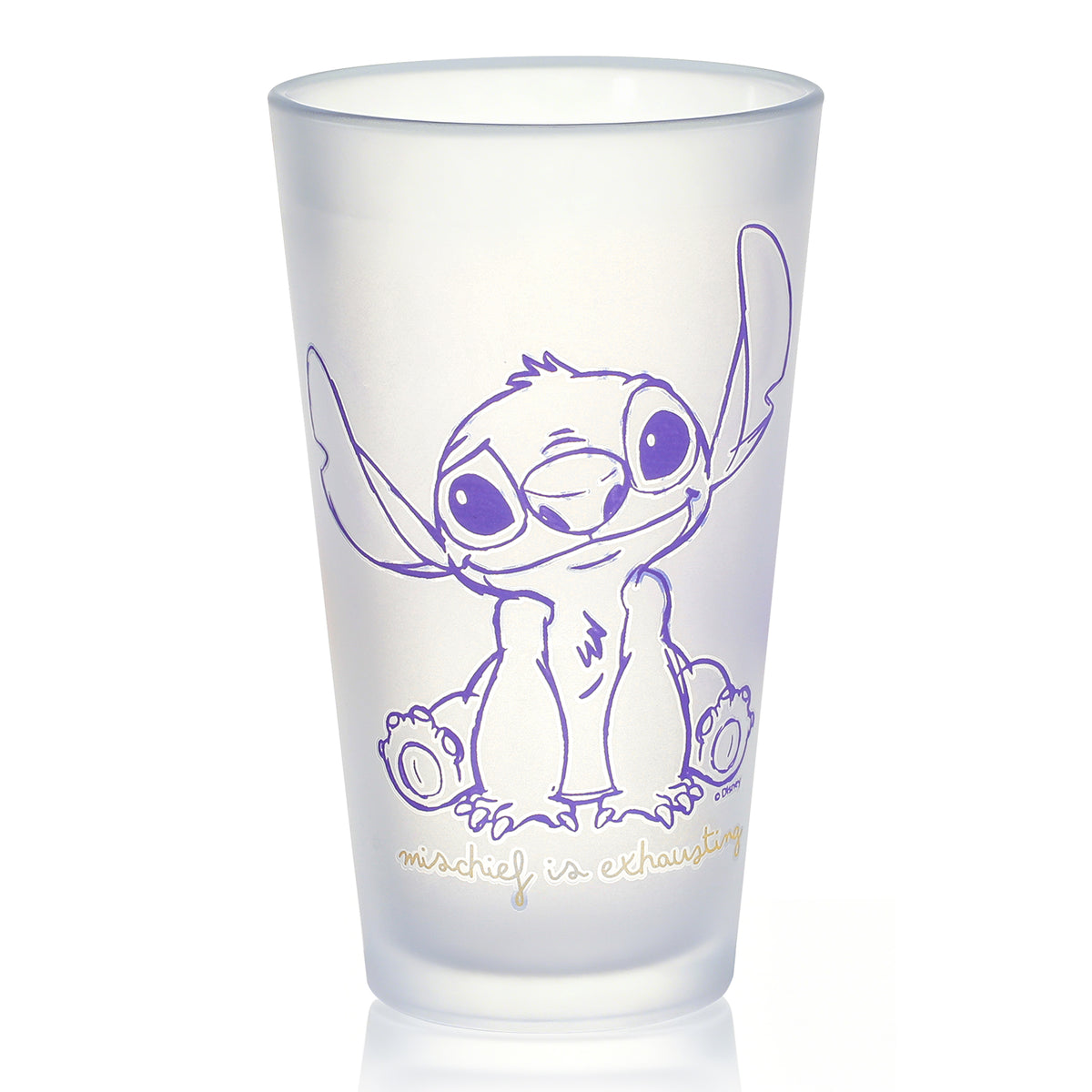 Disney Stitch 480ml Frosted Glass Tumbler, 16.9oz Mischief is Exhausting Drinking Glass Cup, Officially Licensed Kids Glassware, Thick Base