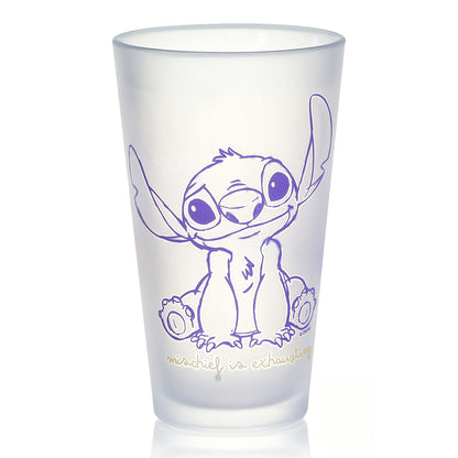 Disney Stitch 480ml Frosted Glass Tumbler, 16.9oz Mischief is Exhausting Drinking Glass Cup, Officially Licensed Kids Glassware, Thick Base