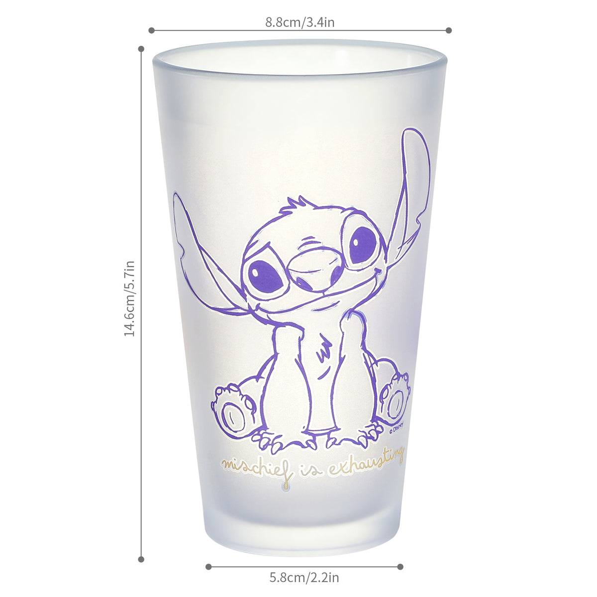 Disney Stitch 480ml Frosted Glass Tumbler, 16.9oz Mischief is Exhausting Drinking Glass Cup, Officially Licensed Kids Glassware, Thick Base
