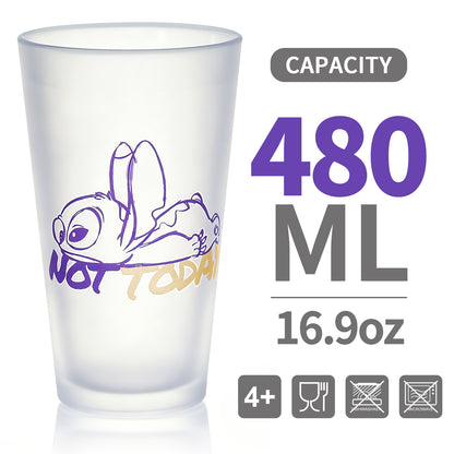 Disney Stitch 480ml Frosted Glass Tumbler, 16.9oz Mischief is Exhausting Drinking Glass Cup, Officially Licensed Kids Glassware, Thick Base